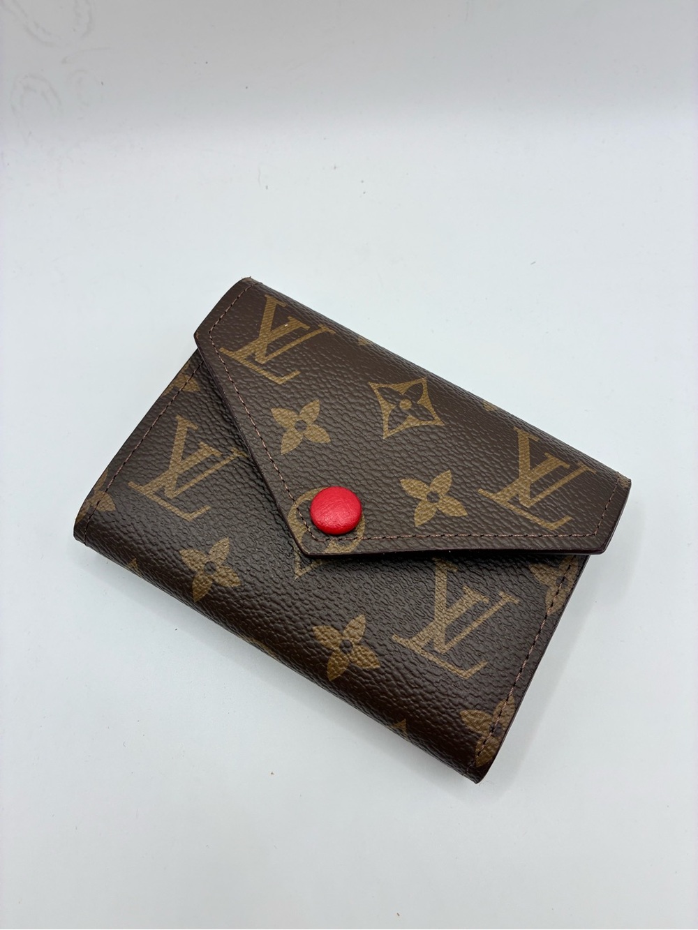 Brown Monogram Canvas Wallet with Red Button and lining